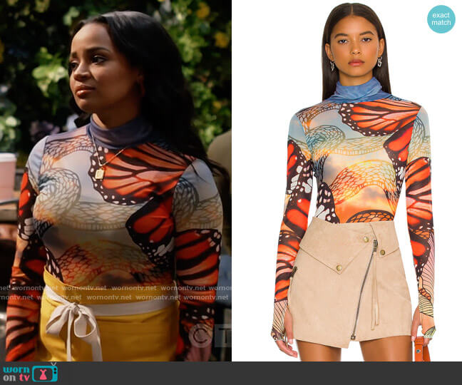 AFRM Zadie Top in Butterfly Sub worn by Randi (Kyla Pratt) on Call Me Kat