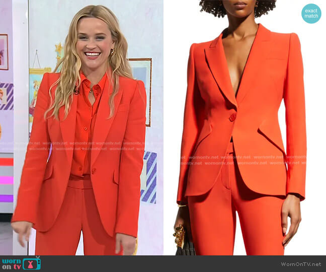 Alexander McQueen Classic Single-Breasted Suiting Blazer in Dark Sunset worn by Reese Witherspoon on Today