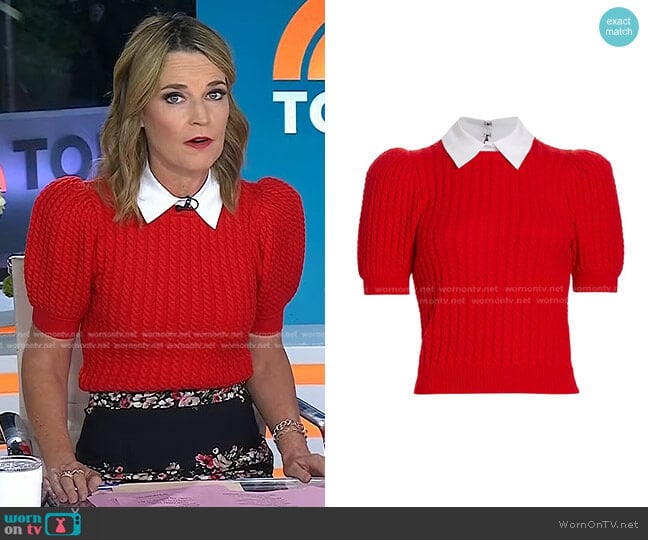 Alice + Olivia Chase Cable-Knit Puff-Sleeve Sweater in Perfect Ruby White worn by Savannah Guthrie on Today