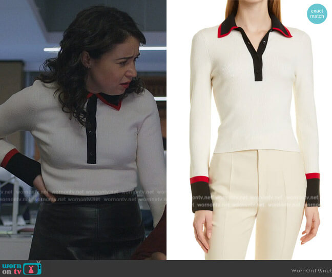 Alice + Olivia Pia Ribbed Long Sleeve Polo worn by Marissa Gold (Sarah Steele) on The Good Fight