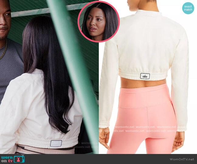 Alo Prizewinner Crop Bomber Jacket worn by Thea (Camille Hyde) on All American Homecoming