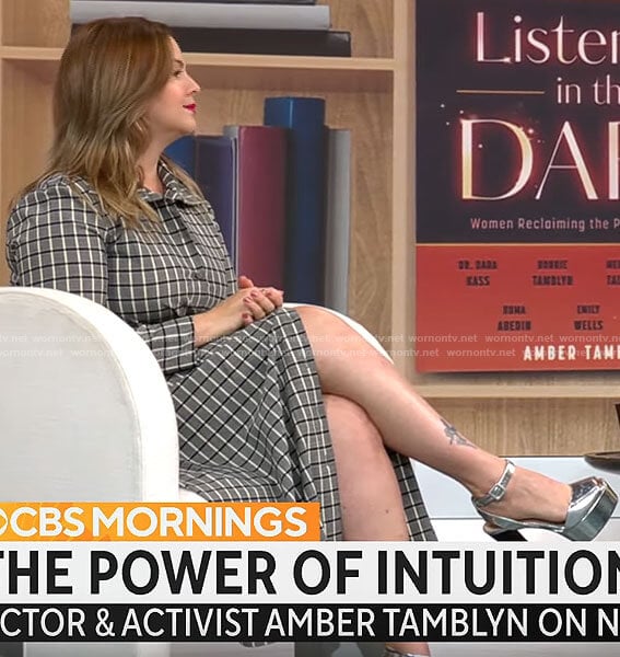 Amber Tamblyn’s grey checked shirtdress on CBS Mornings
