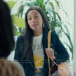 Amy’s banana t-shirt and suede moto jacket on From Scratch