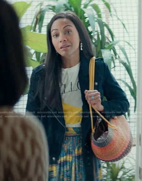 Amy’s banana t-shirt and suede moto jacket on From Scratch