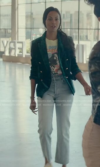 Amy’s Bob Marley t-shirt and green velvet blazer on From Scratch