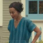 Amy’s blue striped v-neck top on From Scratch