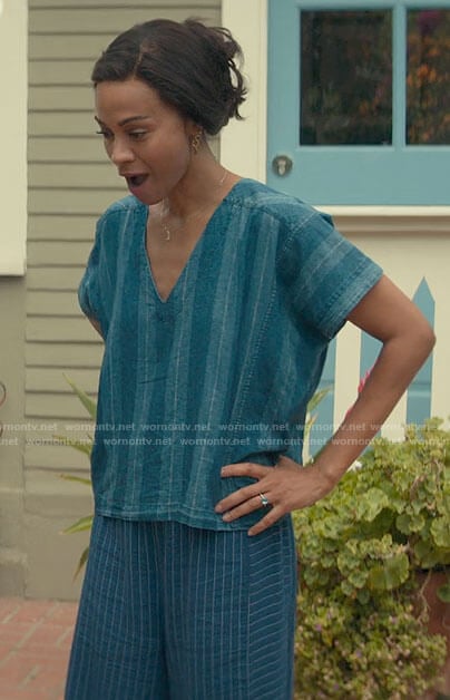 Amy’s blue striped v-neck top on From Scratch