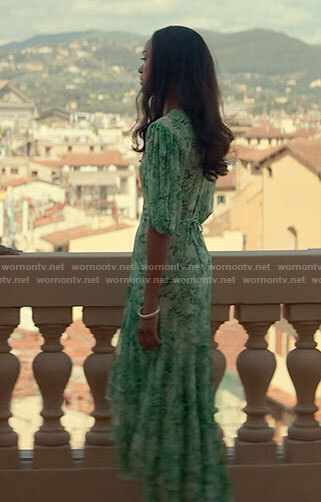 Amy’s green rose print dress on From Scratch