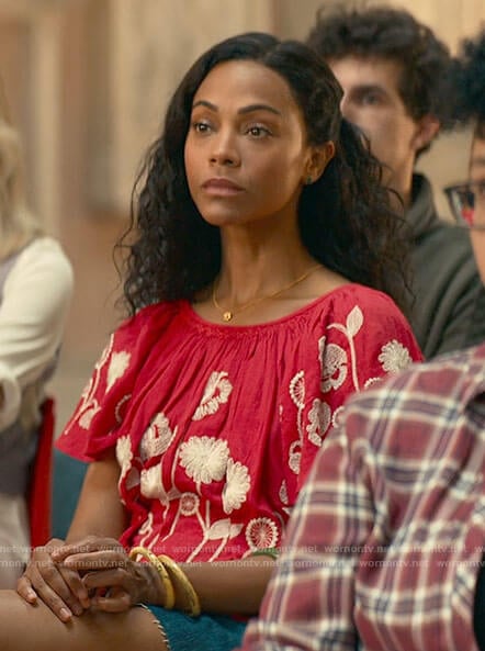 Amy’s red and white floral embroidered top on From Scratch