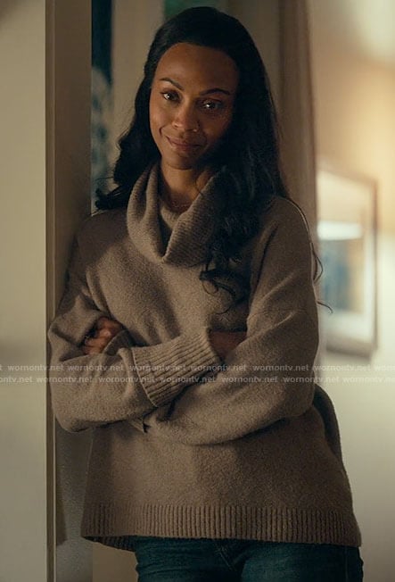 Amy’s taupe cowl neck sweater on From Scratch