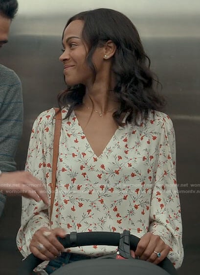 Amy’s white and red floral v-neck top on From Scratch