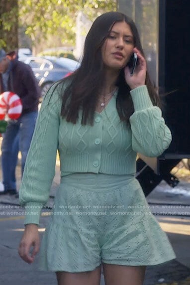 Ana’s mint green cropped cardigan and eyelet shorts on Monarch