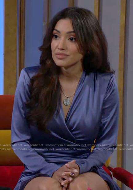 Audra’s blue satin wrap dress on The Young and the Restless