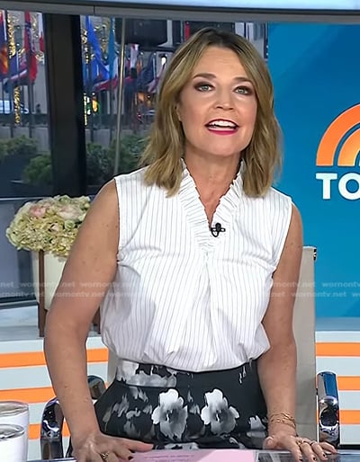 Savannah’s white pinstripe frilled top and floral skirt on Today