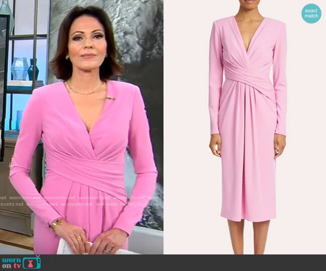 Badgley Mischka Pleated Midi-Dress in Dark Rose worn by Tanya Rivero on CBS Mornings