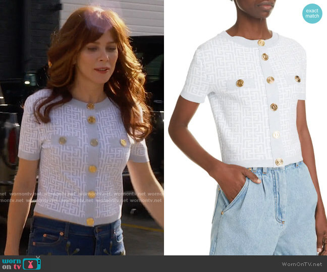Balmain Monogram Jacquard Short Sleeve Cardigan worn by Nicolette Roman (Anna Friel) on Monarch
