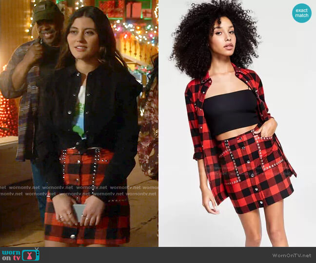 Bar III Buffalo Plaid Studded Mini Skirt worn by Ana Phoenix (Emma Milani) on Monarch