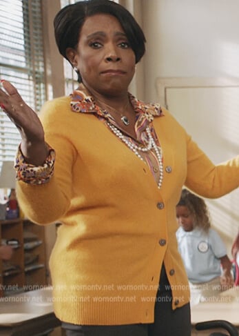 Barbara’s brown printed blouse on Abbott Elementary