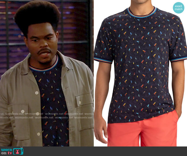 Bugatchi Short Sleeve Cotton Crewneck T-Shirt in Navy worn by Carter (Julian Gant) on Call Me Kat