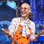 Carla Hall’s white print tie neck blouse on Good Morning America