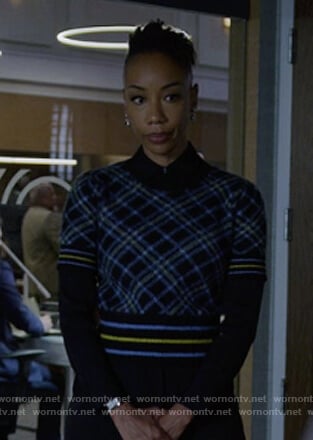 Carmen’s blue plaid cardigan on The Good Fight