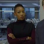 Carmen’s burgundy button cuff sweater on The Good Fight