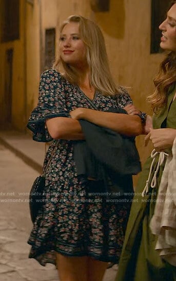 Caroline’s blue floral wrap dress on From Scratch