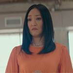 Chloe’s orange pleated dress on From Scratch