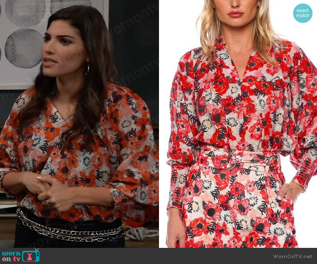 Chufy Bianca Floral Blouse in Donato White worn by Brook Lynn Quartermaine (Amanda Setton) on General Hospital
