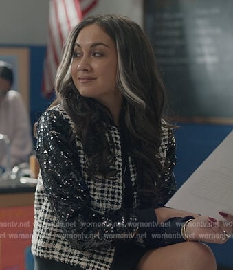 Cindy’s colorblock checked bomber jacket on Stargirl