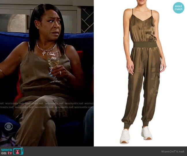 Cinq A Sept Amia Jumpsuit in Olive worn by Tina Butler (Tichina Arnold) on The Neighborhood