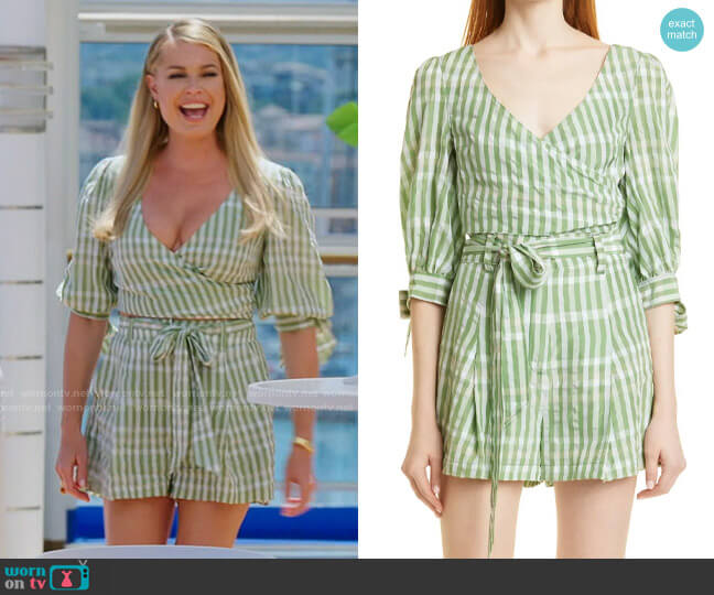 Cinq a Sept Flora Check Faux Wrap Top worn by Rebecca Romijn on The Real Love Boat