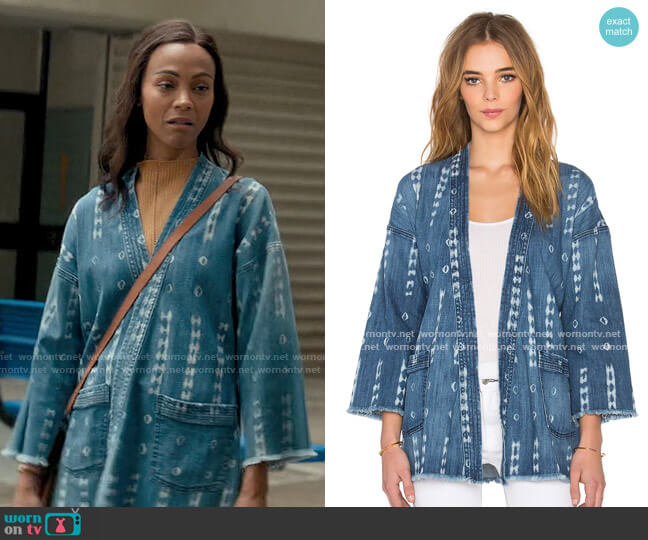 Current Elliott The Kimono Denim Jacket in Kyoto Print worn by Amy Wheeler (Zoe Saldana) on From Scratch