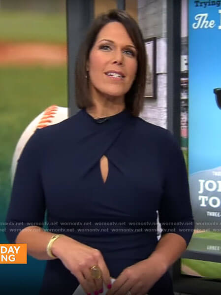 Dana Jacobson’s navy keyhole dress on CBS Saturday Morning