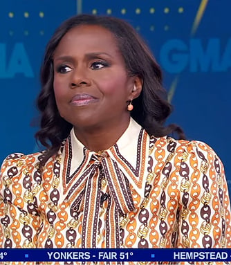 Deborah’s chain print tie neck blouse on Good Morning America
