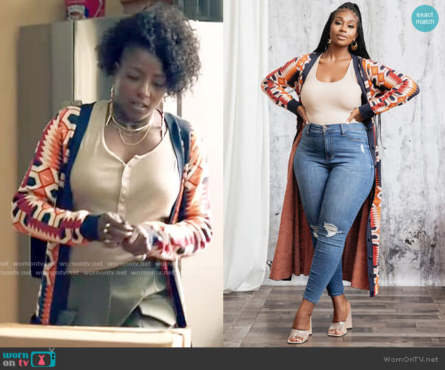 D'iyanu Aisha Cardigan in Cream Orange Kente worn by Nova Bordelon (Rutina Wesley) on Queen Sugar