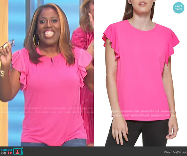 DKNY Mixed Media Ruffle Sleeve Crewneck Top worn by Sheryl Underwood on The Talk