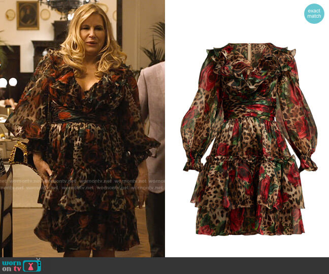 Dolce & Gabbana Rose And Leopard Print Silk Organza Midi Dress worn by Tanya McQuoid (Jennifer Coolidge) on The White Lotus