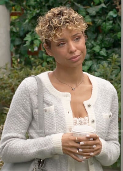 Elena’s blue sequin cardigan with pockets on The Young and the Restless