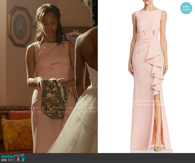 Eliza J Sleeveless Cascading-Ruffle Gown in Blush worn by Amy Wheeler (Zoe Saldana) on From Scratch