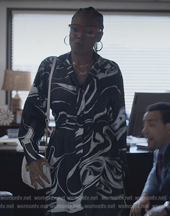 Fallon’s  black marble print shirtdress on Reasonable Doubt