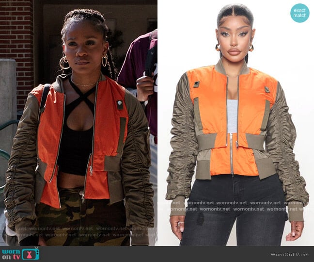 Fashion Nova Ricky Bomber Jacket worn by Simone (Geffri Hightower) on All American Homecoming