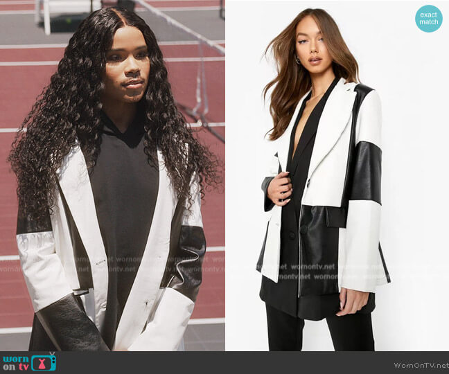 Boohoo Faux Leather Mono Mixed Tailored Blazer worn by Nathanial Hardin (Rhoyle Ivy King) on All American Homecoming