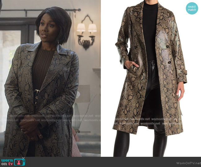 Frame Emossed Snake Print Leather Trench Coat worn by Jax Stewart (Emayatzy Corinealdi) on Reasonable Doubt