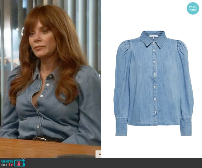 Frame Voluminous puff sleeve denim shirt worn by Nicolette Roman (Anna Friel) on Monarch