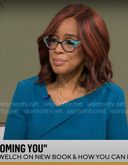 Gayle’s teal blue asymmetric v-neck dress on CBS This Morning