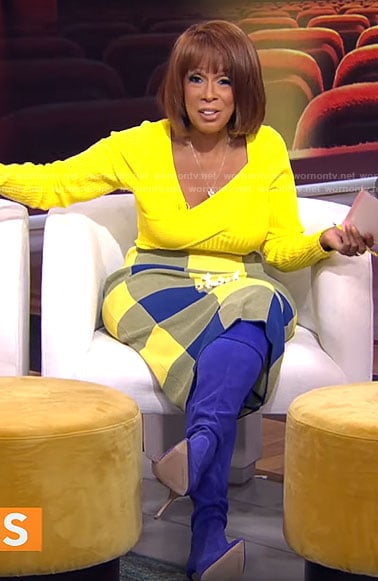 Gayle King’s yellow asymmetric sweater and blue checked skirt on CBS Mornings