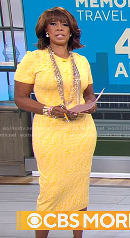 Gayle King’s yellow monogram print dress on CBS Mornings