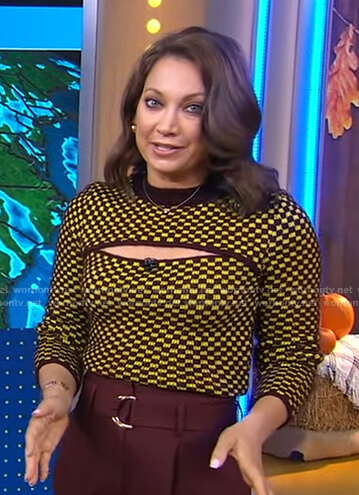 Ginger’s yellow checkered cutout sweater on Good Morning America