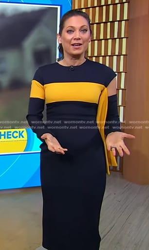 Ginger’s navy and yellow cutout sheath dress on Good Morning America